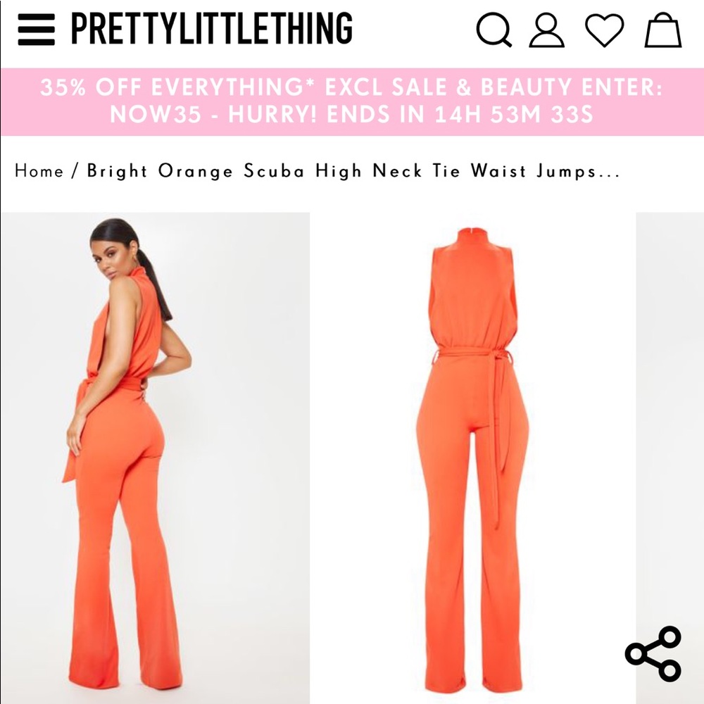 Bright orange scuba high neck tie waist jumpsuit